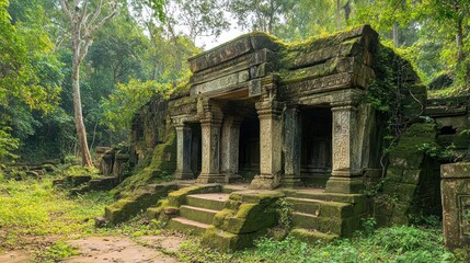 Moss Covered Temple Ruins in Lush Green Jungle