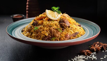 Savory biryani from Iran adorned with spices and fresh lemon for a delightful meal experience