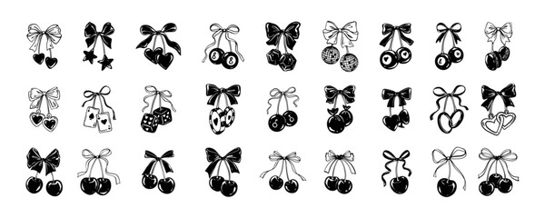 Set of cherry bow ribbon abstract design elements. Wedding, Valentines day, engagement vector illustrations. Casino, poker, blackjack doodle drawings. Girly coquette party style. Minimal linocut art