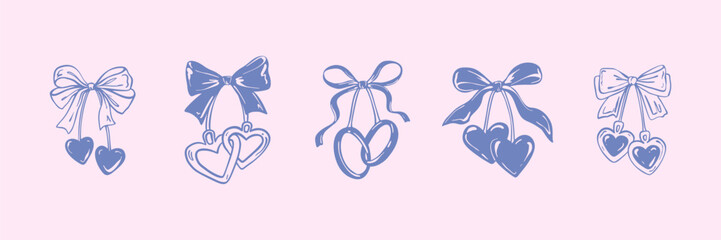 Bow ribbon cherry doodle hand drawn design elements for wedding, engagement, bachelorette party, valentines day, romantic date greeting card and invitation. Coquette whimsical minimalist drawing