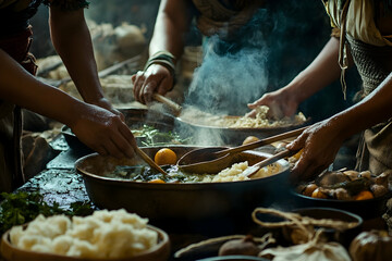 Medieval communal kitchen preparing traditional cuisine over open fire