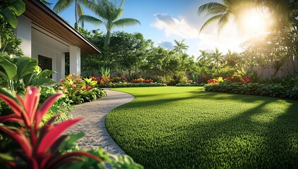 Obraz premium Lush Tropical Garden with Winding Stone Path and Sunny Daytime Lighting