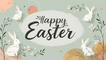 Obraz premium Modern Happy Easter Poster with Minimal Bunnies, Delicate Strokes, and Pastel Colors