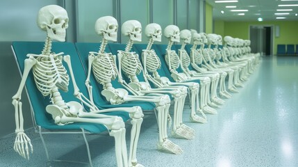 Skeletons Waiting in Line: A Surreal Scene in a Hospital Waiting Room