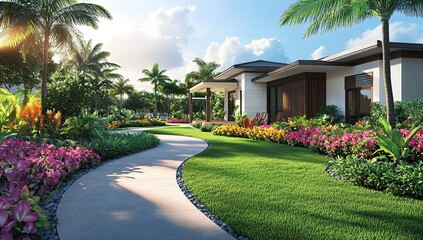 Modern Tropical House with Lush Landscaping and Curving Pathway