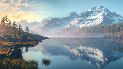 Mountain lake glimmers in the soft morning light as the sun rises casting a warm glow on the calm waters and nearby peaks. Silent Reflection. Illustration
