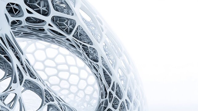 Random futuristic architecture intricate latticework forming a high tech exterior on a white background
