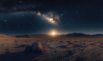 A rocky desert landscape with a large rock in the foreground