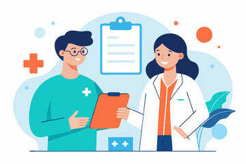 A doctor and patient engage in a conversation in a contemporary healthcare environment. They discuss health concerns and treatment options while examining a clipboard