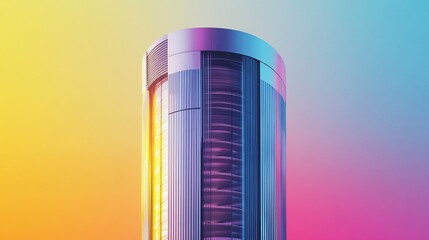 Random futuristic architecture featuring cylindrical skyscraper with energy efficient glass and metal accents on a colored background