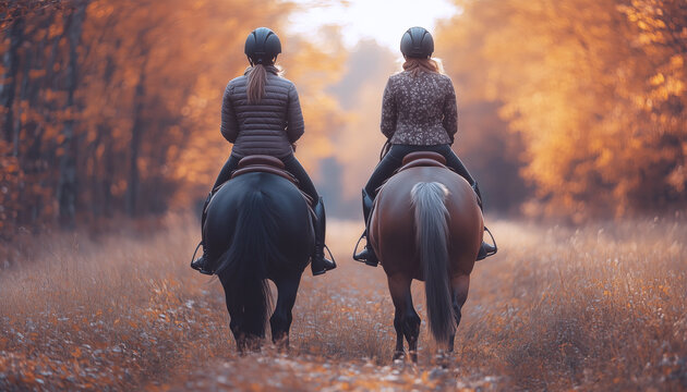 Two horseback riders, seen from behind, moving along country path during golden hour. Riders in equestrian gear. Warm light highlights horses, autumnal trees. Luxury horses polo competition concept