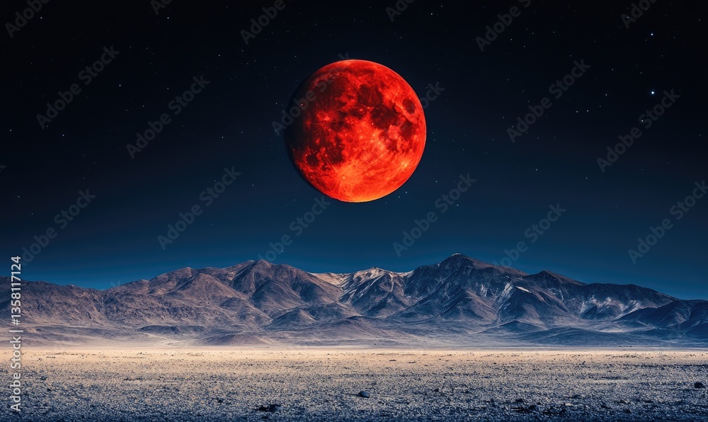 Canvas Prints a red moon is in the sky above a mountain range