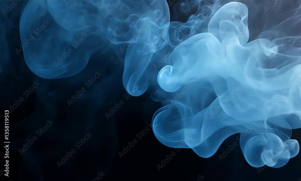 Wall mural abstract swirling blue smoke creating ethereal patterns against a dark background with soft fluid mo