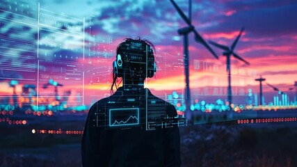 A silhouetted figure observes data overlays at sunset near wind turbines, envisioning sustainable energy. - Powered by Adobe