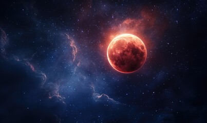 Obraz premium A red planet is in the sky with a blue background