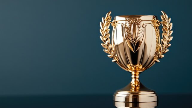Golden trophy with laurel wreath on dark background