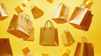 "Autumn Sale Event Concept: Empty Orange Shopping Bag on Yellow Background with Copy Space"