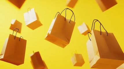 "Autumn Sale Event Concept: Empty Orange Shopping Bag on Yellow Background with Copy Space"