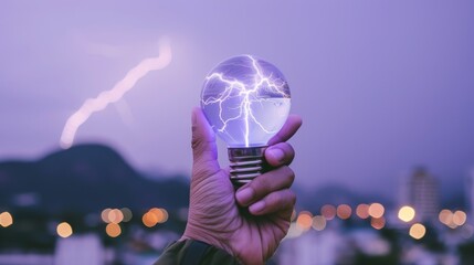 Glowing lightbulb held up with lightning in background, showcasing power of electricity and nature