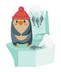 Vector illustration of a penguin in a blue ice house with icicles in a simple outdoor scene. The scene captures a cute animal in its home.