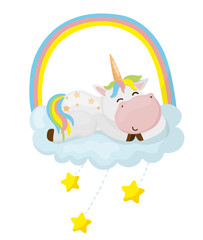 Vector illustration of a unicorn sleeping on a cloud under a rainbow with stars in a simple fantasy scene. The scene captures cute mythical and domestic animals.