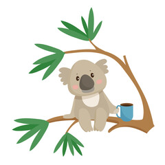 Vector illustration of a koala sitting on a tree branch with leaves and a mug in a simple outdoor scene. The scene captures a cute animal in its natural habitat.