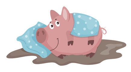 Vector illustration of a pig sleeping on a pillow with a blanket in a simple indoor scene. The scene captures a cute domestic animal in a cozy setting.