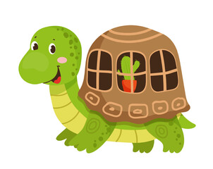 Vector illustration of a turtle with its shell serving as its house in a simple scene. The scene captures a cute animal with its unique home.