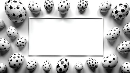 frame for text or image. Around this area, black and white decorated eggs of various sizes on the white. associated with Easter.