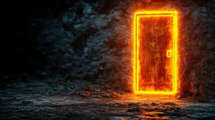 futuristic open door illuminated by vibrant neon gold, silver, and white lights symbolizes new opportunities and innovation. The digital technology backdrop represents the convergence of reality and i