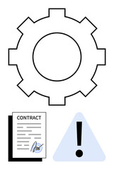 Gear symbol, contract document with signature, and exclamation triangle spotlighting workflow, technical processes, legal agreements. Ideal for risk, compliance, efficiency, warning policy