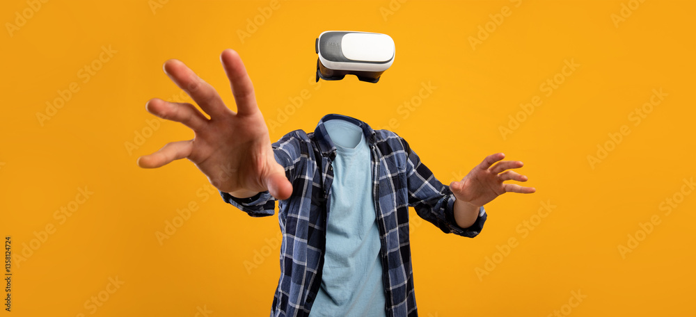 Poster A user engages with virtual reality technology, wearing a headset while reaching out with hands, creating a feeling of immersion. The bright background emphasizes the modern gadget's appeal.