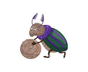 Vector illustration of a purple and green beetle rolling a ball of twine.