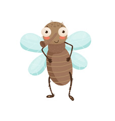 Vector illustration of a cute fly with big eyes and light blue wings.