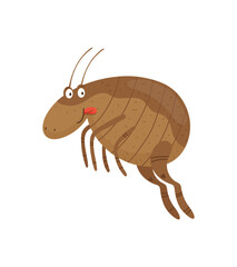 Vector illustration of a cute, brown flea cartoon character, jumping.