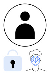 User profile in circular frame above a security lock and biometric face recognition marker. Ideal for identity verification, cybersecurity, privacy, data protection, user authentication, personal