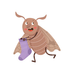 Vector illustration of a moth carrying a small, purple sock.