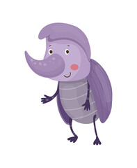 Vector illustration of a purple rhinoceros beetle, standing on two legs.