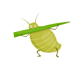 Vector illustration of a green aphid eating a blade of grass.