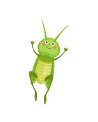 Vector illustration of a happy green grasshopper with big eyes, standing on two legs.