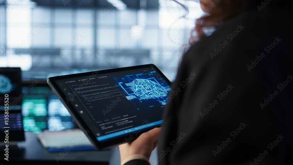 Poster data center technician using artificial intelligence on tablet to prevent vulnerabilities. employee 