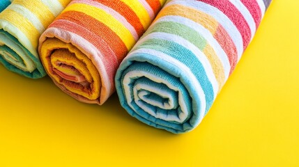 Rolled beach towels striped patterns evoking tropical vacation vibes isolated on a bright yellow background