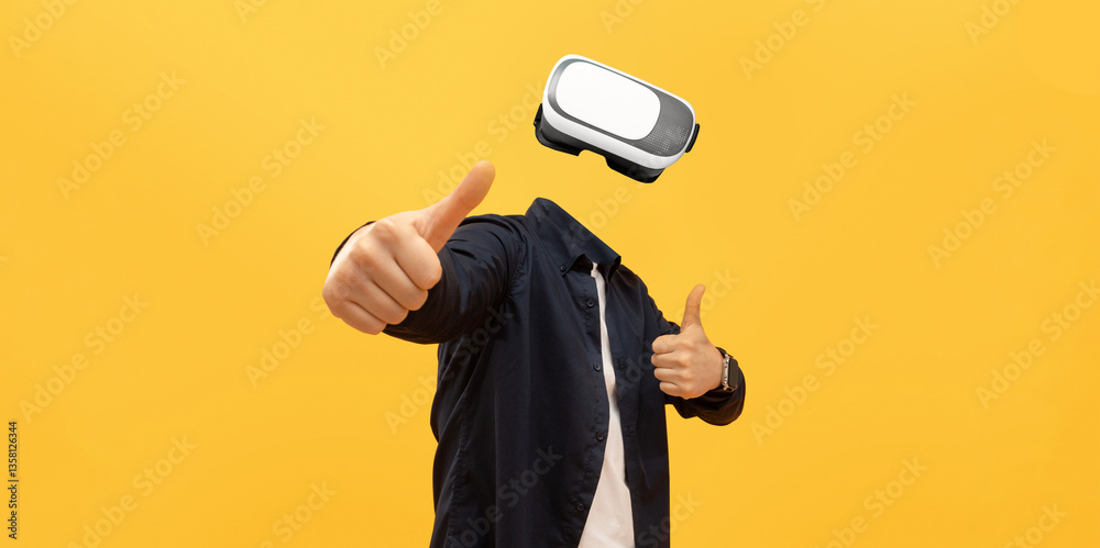 Leinwandbilder A user is immersed in a virtual reality experience, showcasing a thumbs-up gesture while donning modern VR goggles. The vibrant background adds to the high-tech ambiance of the activity.