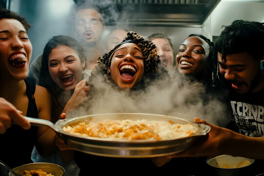 Joyful Friends Celebrate Over Steaming Dish in Kitchen Setting