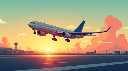 Obraz premium Stylized digital illustration of a commercial airplane taking off from an airport runway, symbolizing travel and logistics