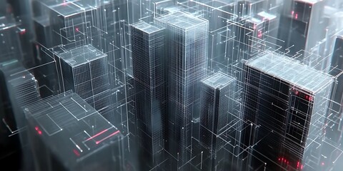 Abstract architectural cityscape representation with digital connection lines overlaid