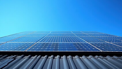 Dark Gray Roof with Blue Solar Panels Under Bright Blue Sky