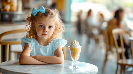 A cute little girl 5 years old with blonde curls in a blue dress is sitting in a cafe with a glass of ice cream on a round table. A kid with milkshake