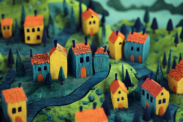 Miniature village landscape with colorful houses and trees, a whimsical handmade paper model scenery with charming details