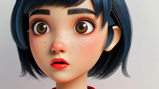 A young woman contemplates a question mark in a captivating 3D illustration, embodying curiosity and uncertainty in a modern design.